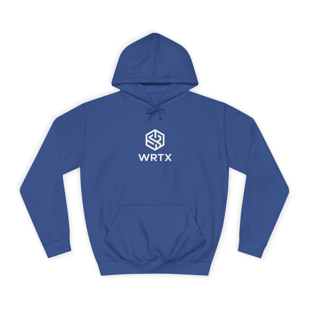 College Hoodie — WRTX Logo Front & “Hustle More, Coffee Less” Circle Back Design