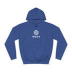 College Hoodie — WRTX Logo Front & “Hustle More, Coffee Less” Circle Back Design