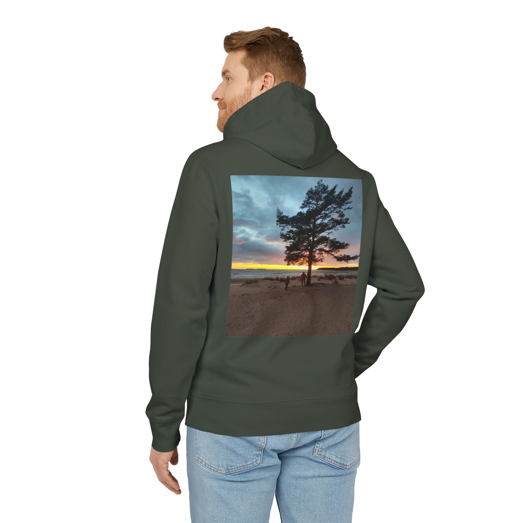 Sunset Beach Tree Hoodie — Scenic Back-Print Pullover