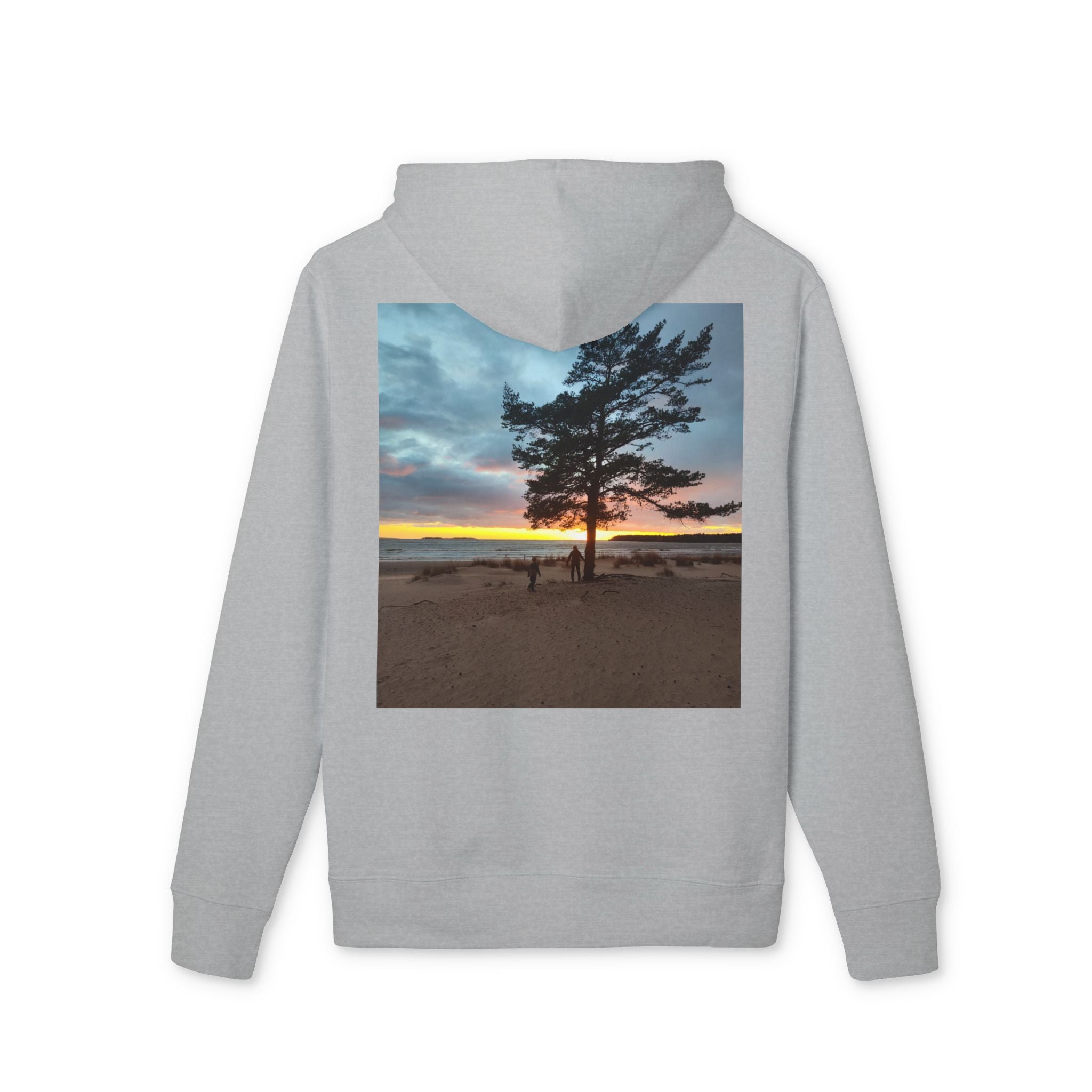 Sunset Beach Tree Hoodie — Scenic Back-Print Pullover