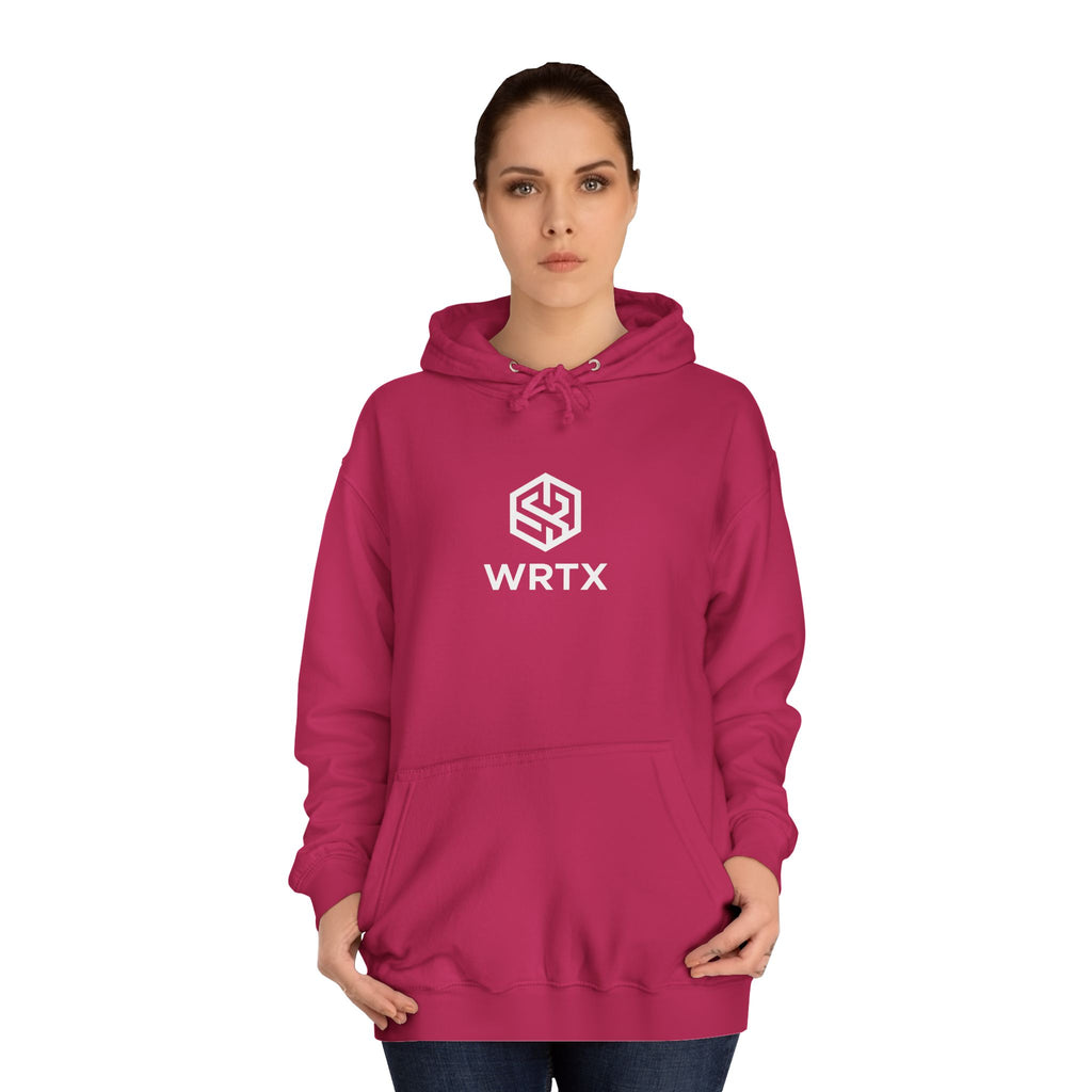 College Hoodie — WRTX Logo Front & “Hustle More, Coffee Less” Circle Back Design