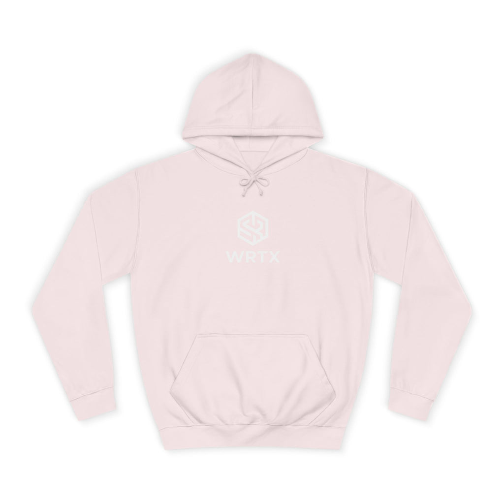 College Hoodie — WRTX Logo Front & “Hustle More, Coffee Less” Circle Back Design