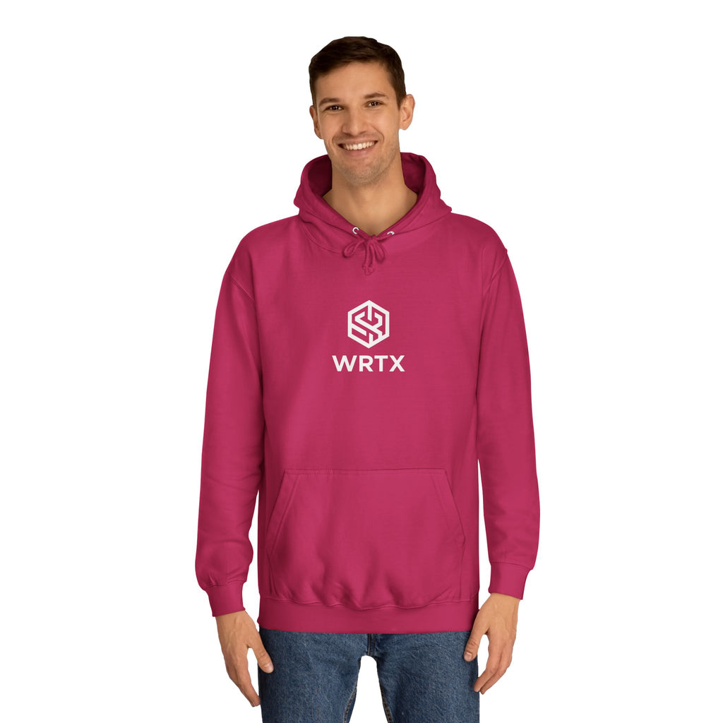 College Hoodie — WRTX Logo Front & “Hustle More, Coffee Less” Circle Back Design
