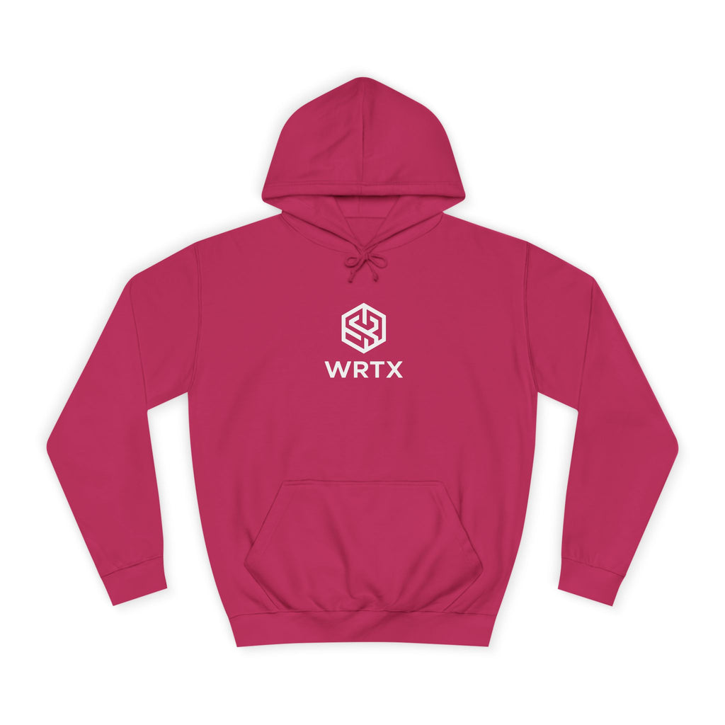 College Hoodie — WRTX Logo Front & “Hustle More, Coffee Less” Circle Back Design