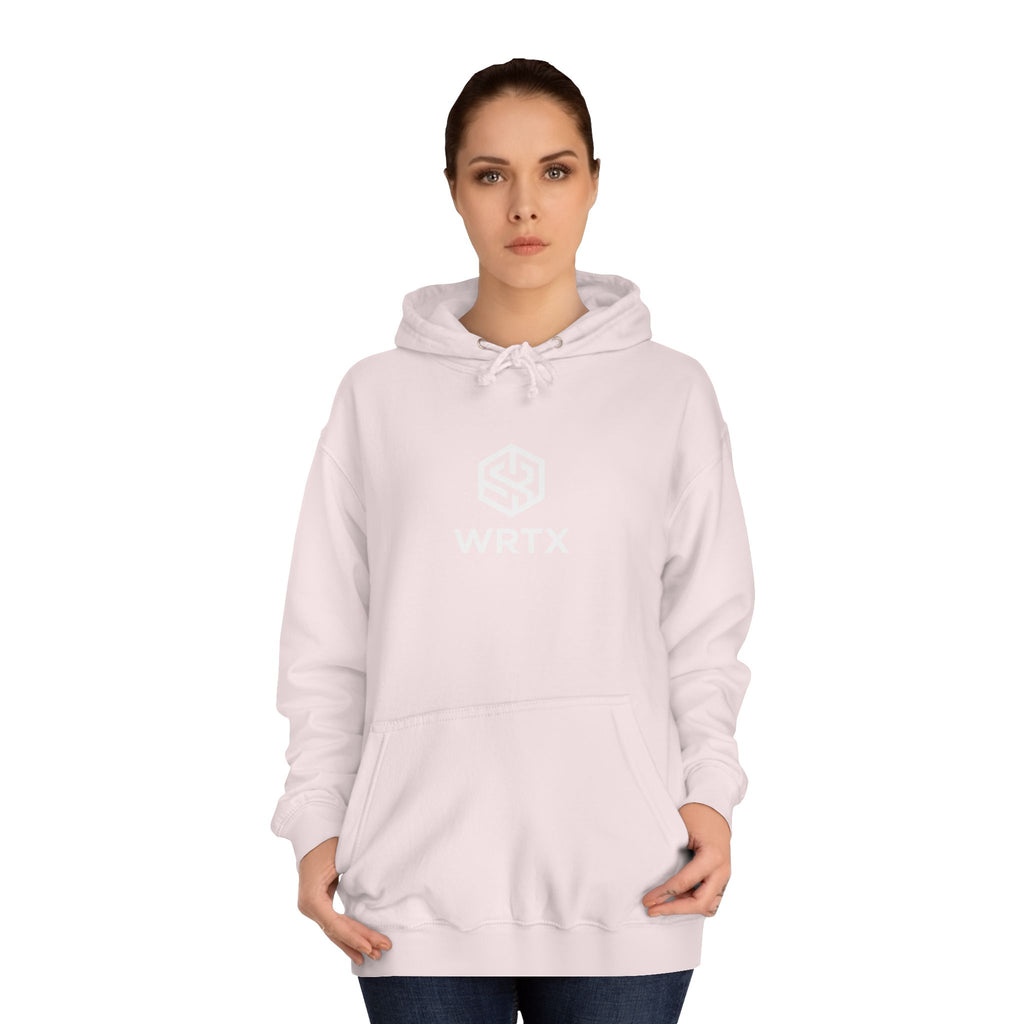 College Hoodie — WRTX Logo Front & “Hustle More, Coffee Less” Circle Back Design