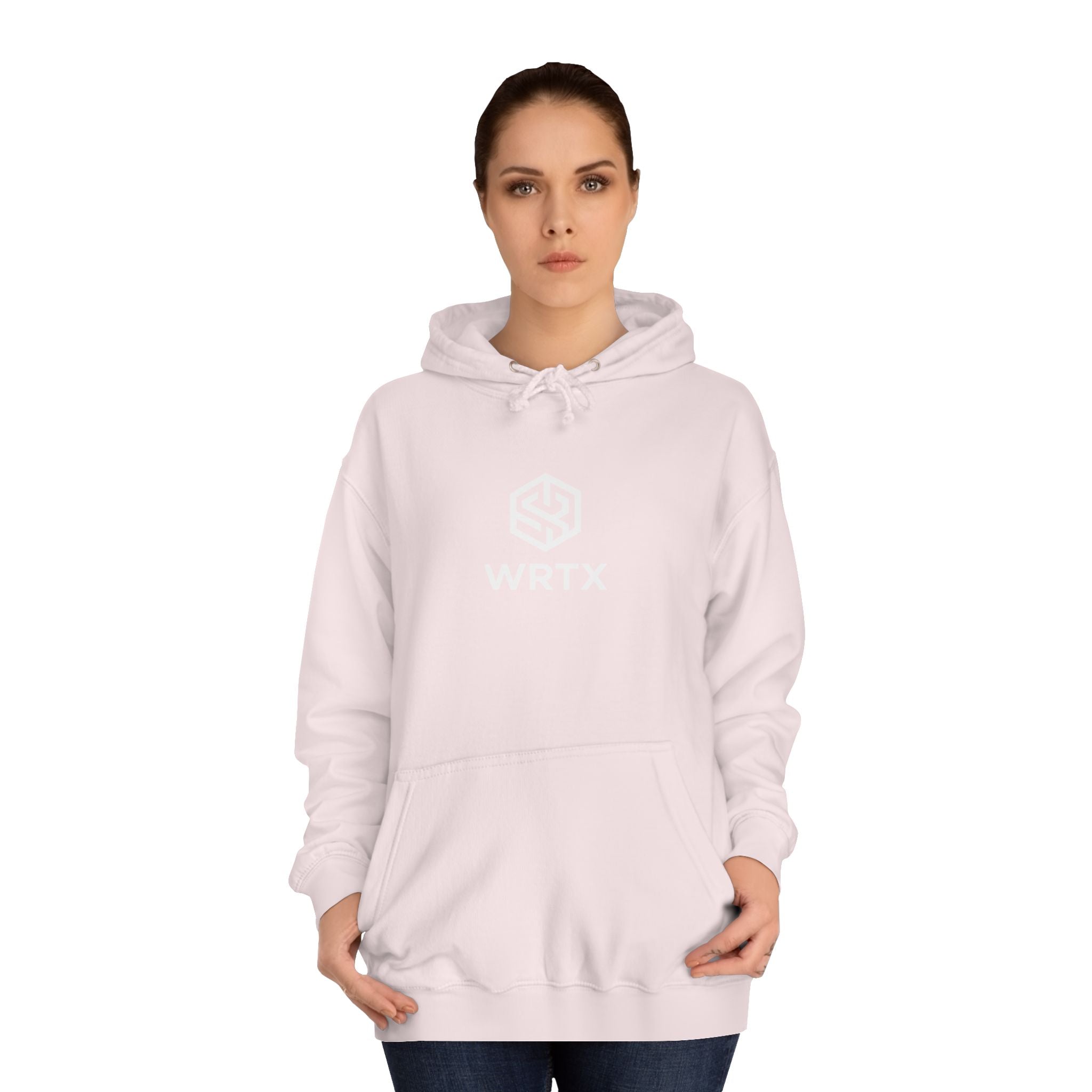 College Hoodie — WRTX Logo Front & “Hustle More, Coffee Less” Circle Back Design