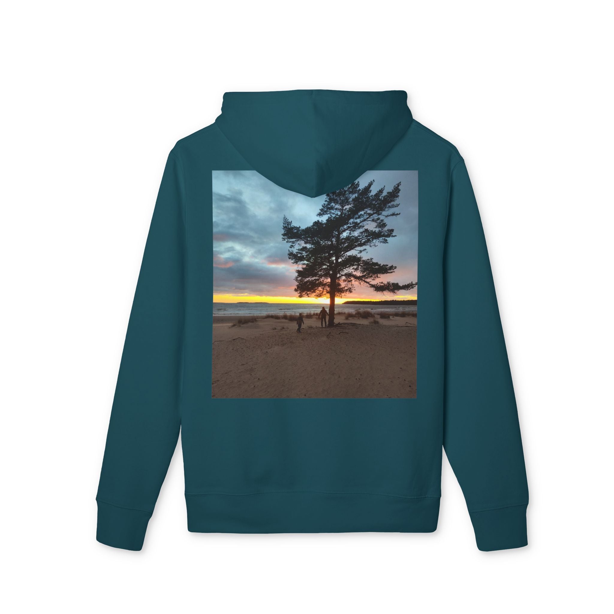 Sunset Beach Tree Hoodie — Scenic Back-Print Pullover