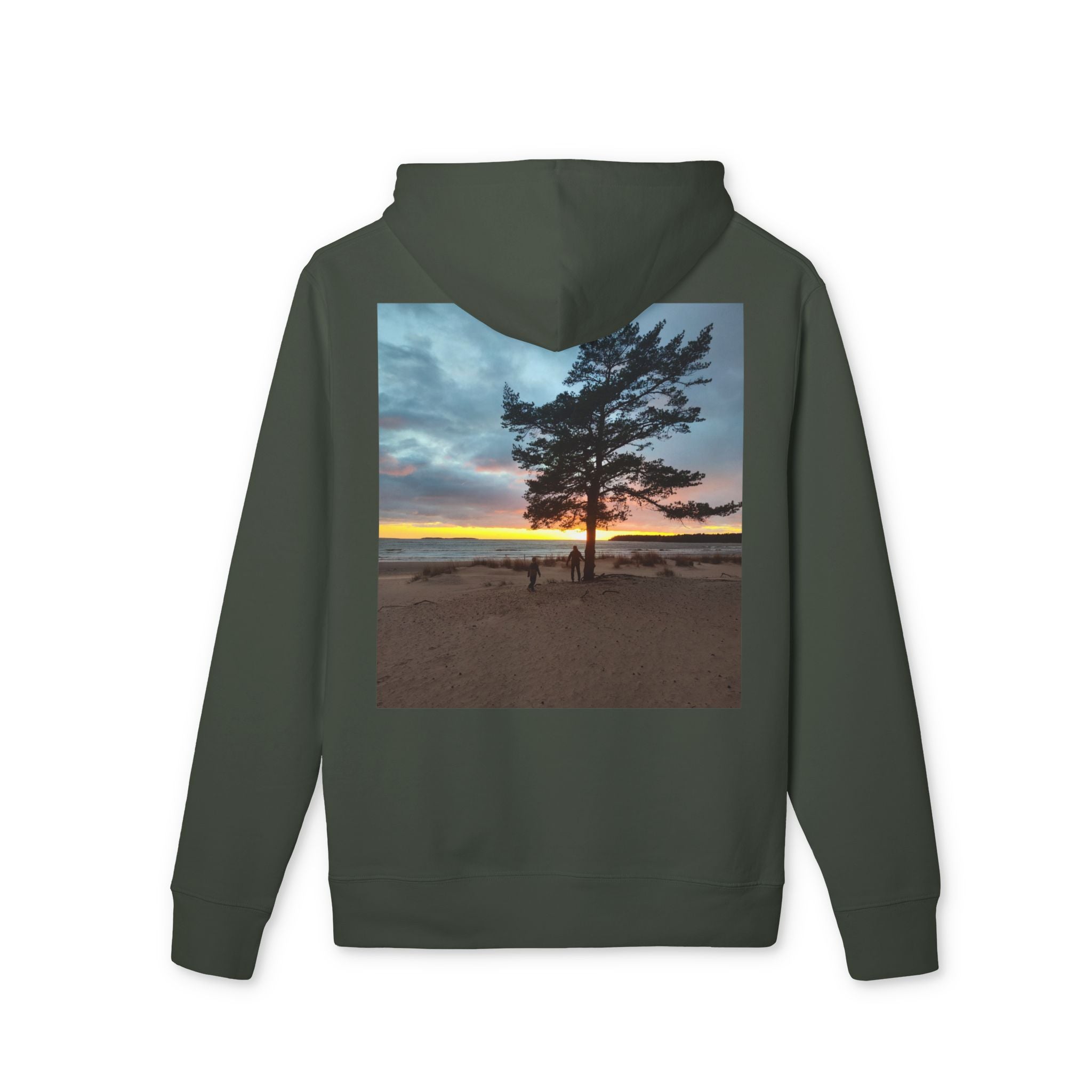 Sunset Beach Tree Hoodie — Scenic Back-Print Pullover