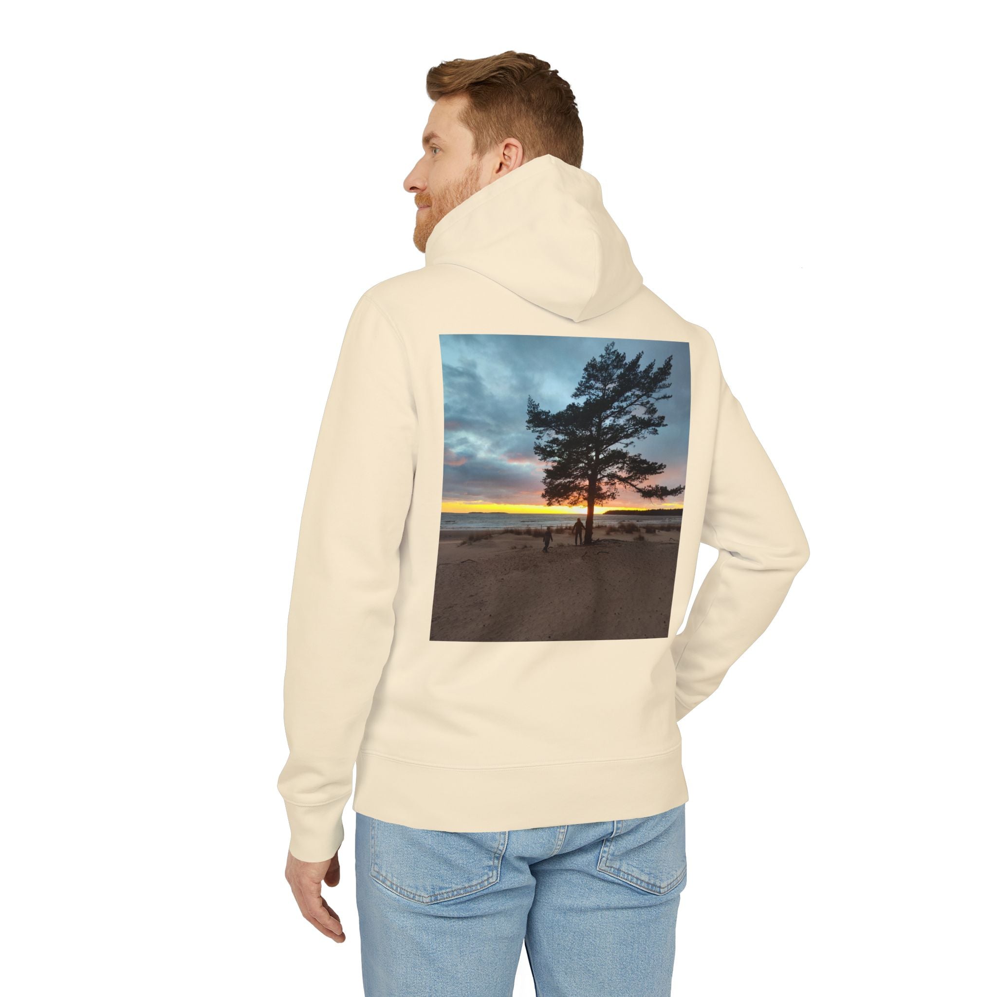 Sunset Beach Tree Hoodie — Scenic Back-Print Pullover