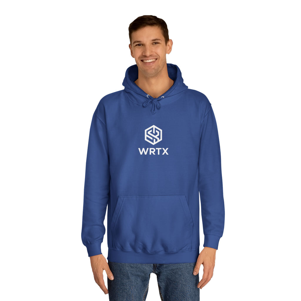 College Hoodie — WRTX Logo Front & “Hustle More, Coffee Less” Circle Back Design