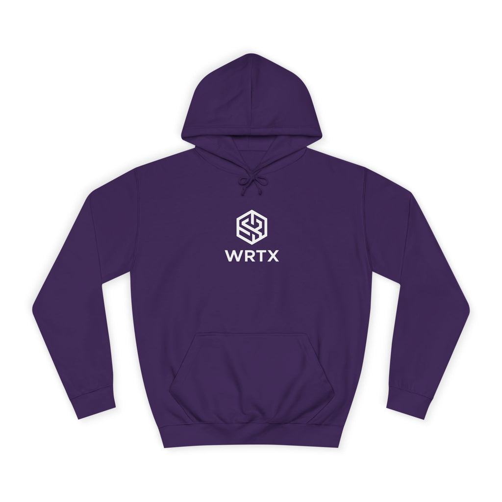 College Hoodie — WRTX Logo Front & “Hustle More, Coffee Less” Circle Back Design
