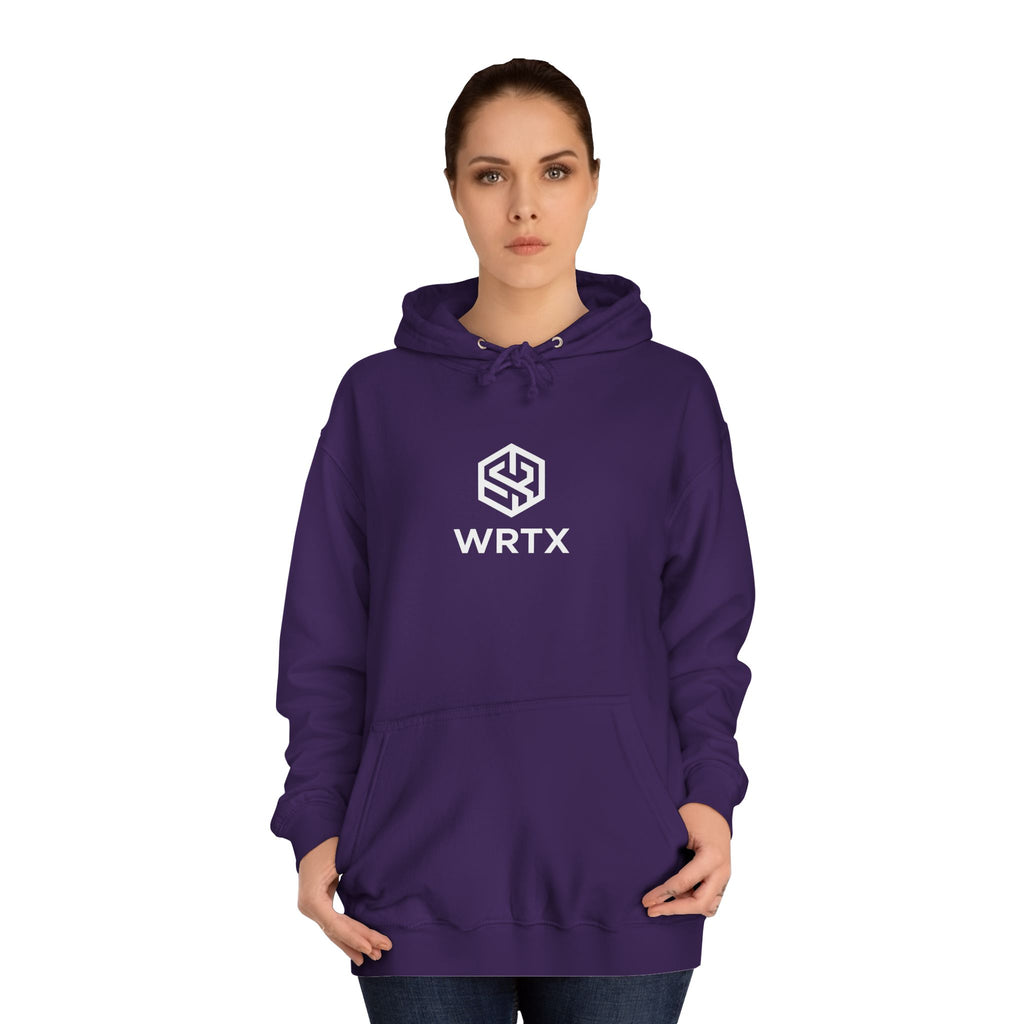 College Hoodie — WRTX Logo Front & “Hustle More, Coffee Less” Circle Back Design