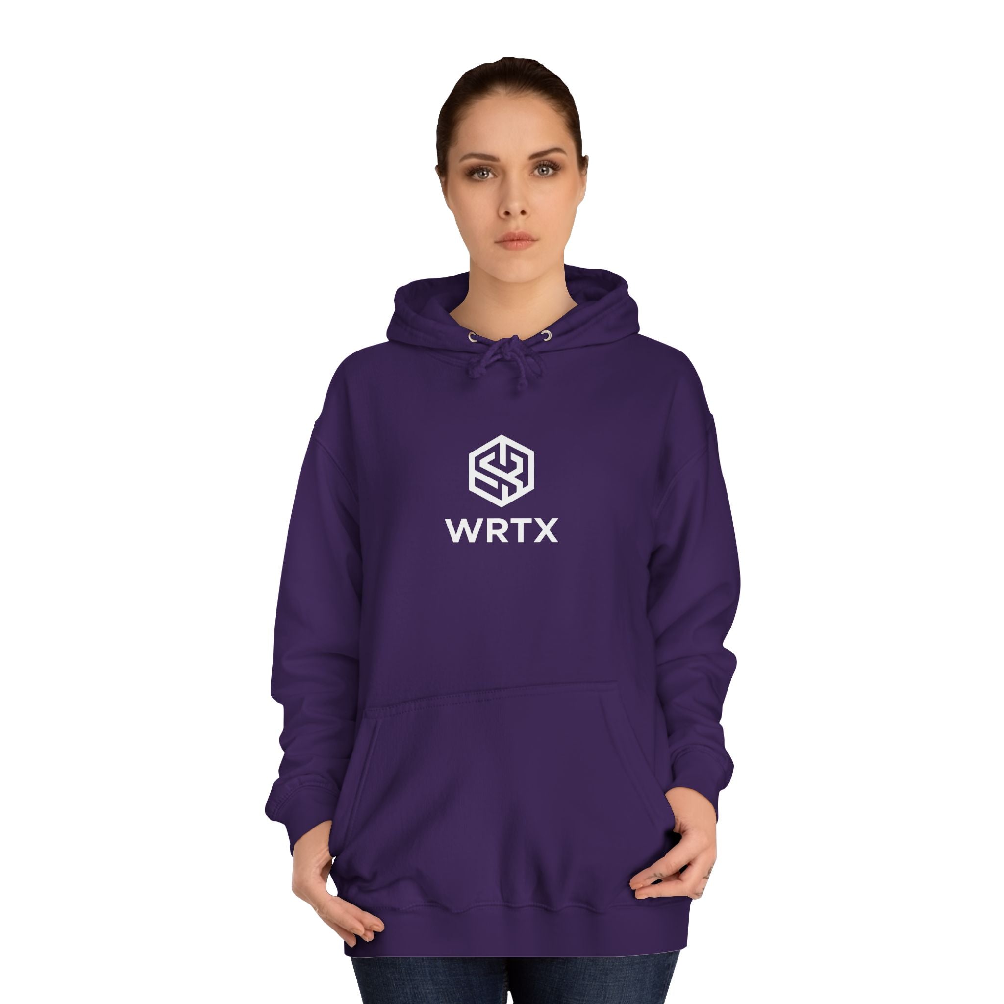 College Hoodie — WRTX Logo Front & “Hustle More, Coffee Less” Circle Back Design