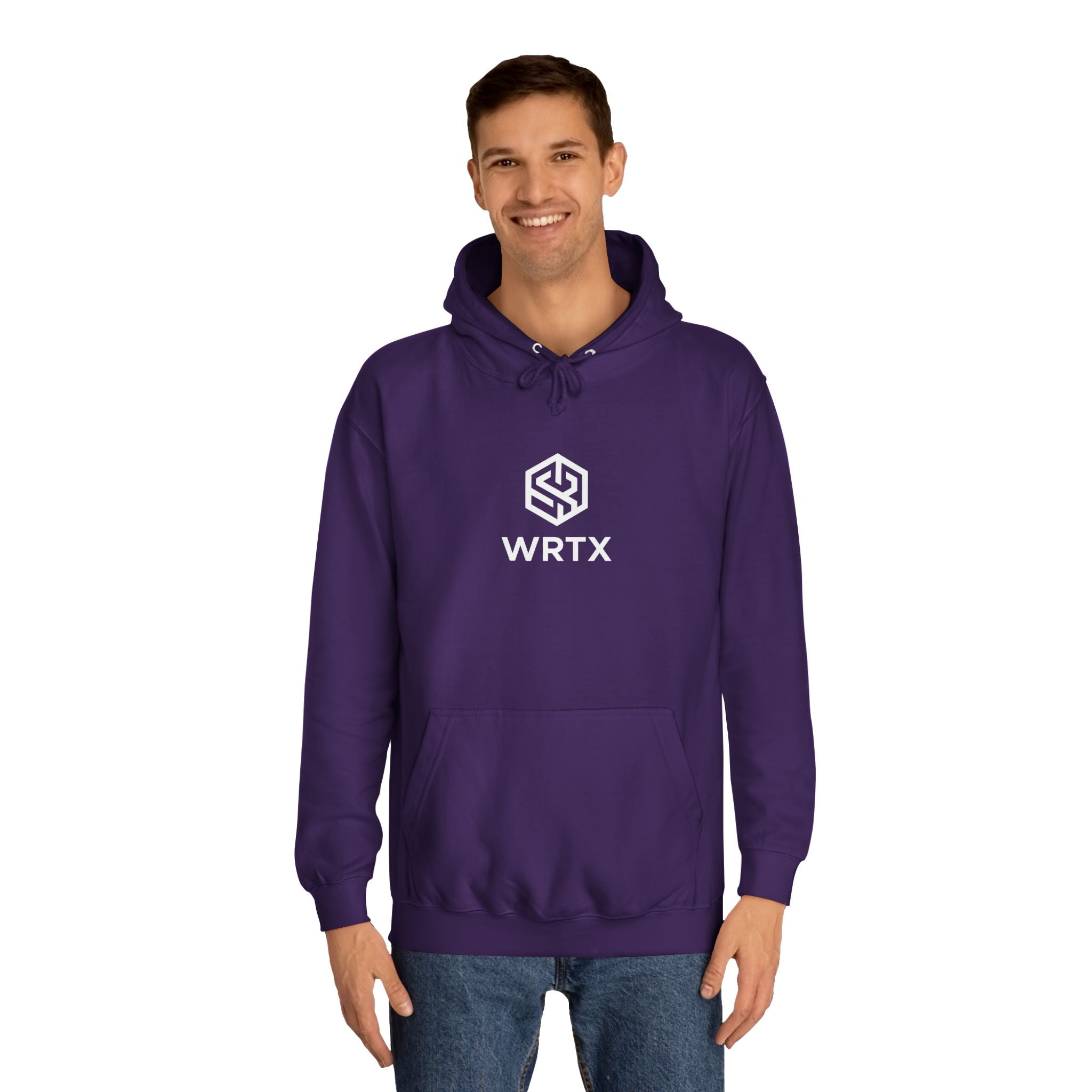 College Hoodie — WRTX Logo Front & “Hustle More, Coffee Less” Circle Back Design