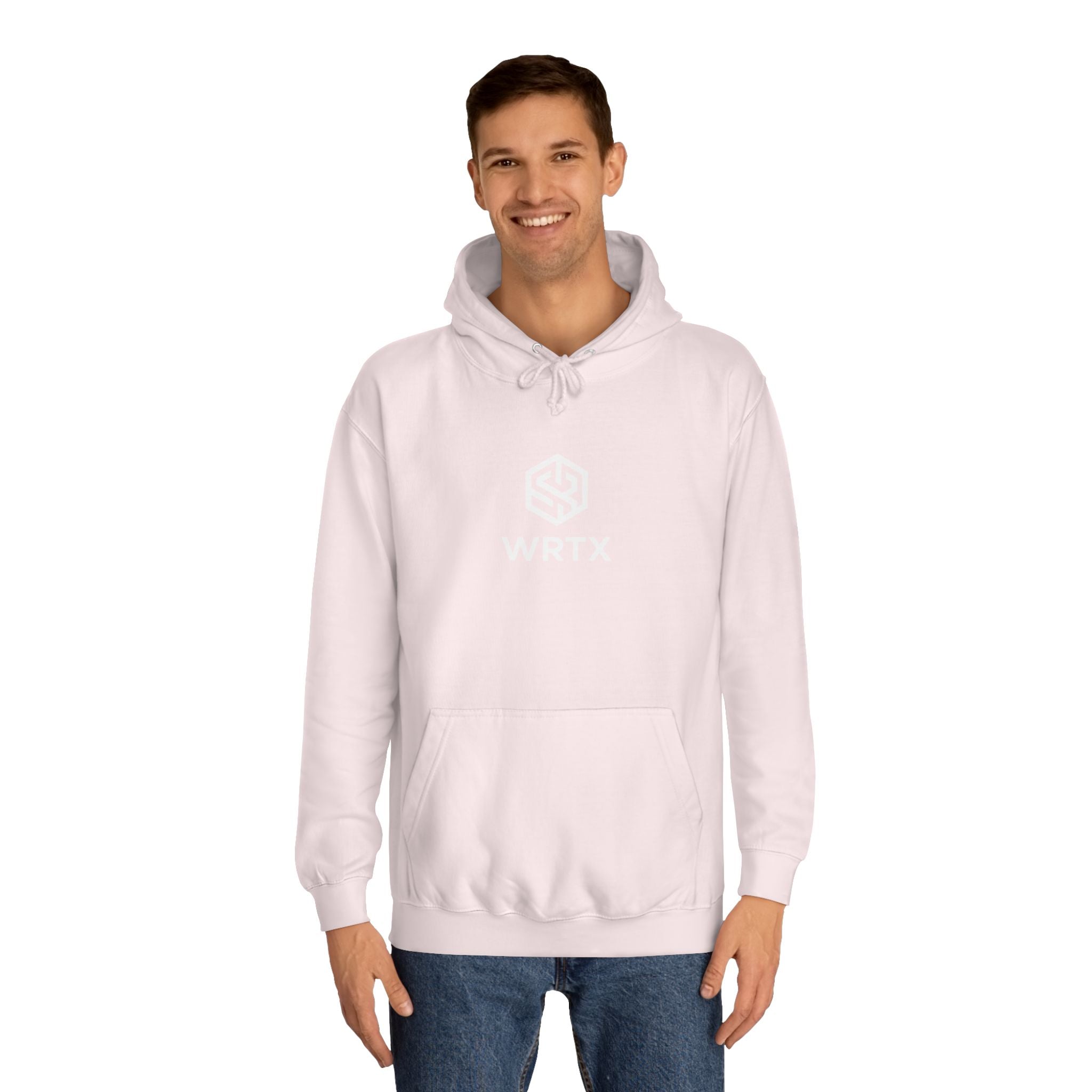 College Hoodie — WRTX Logo Front & “Hustle More, Coffee Less” Circle Back Design