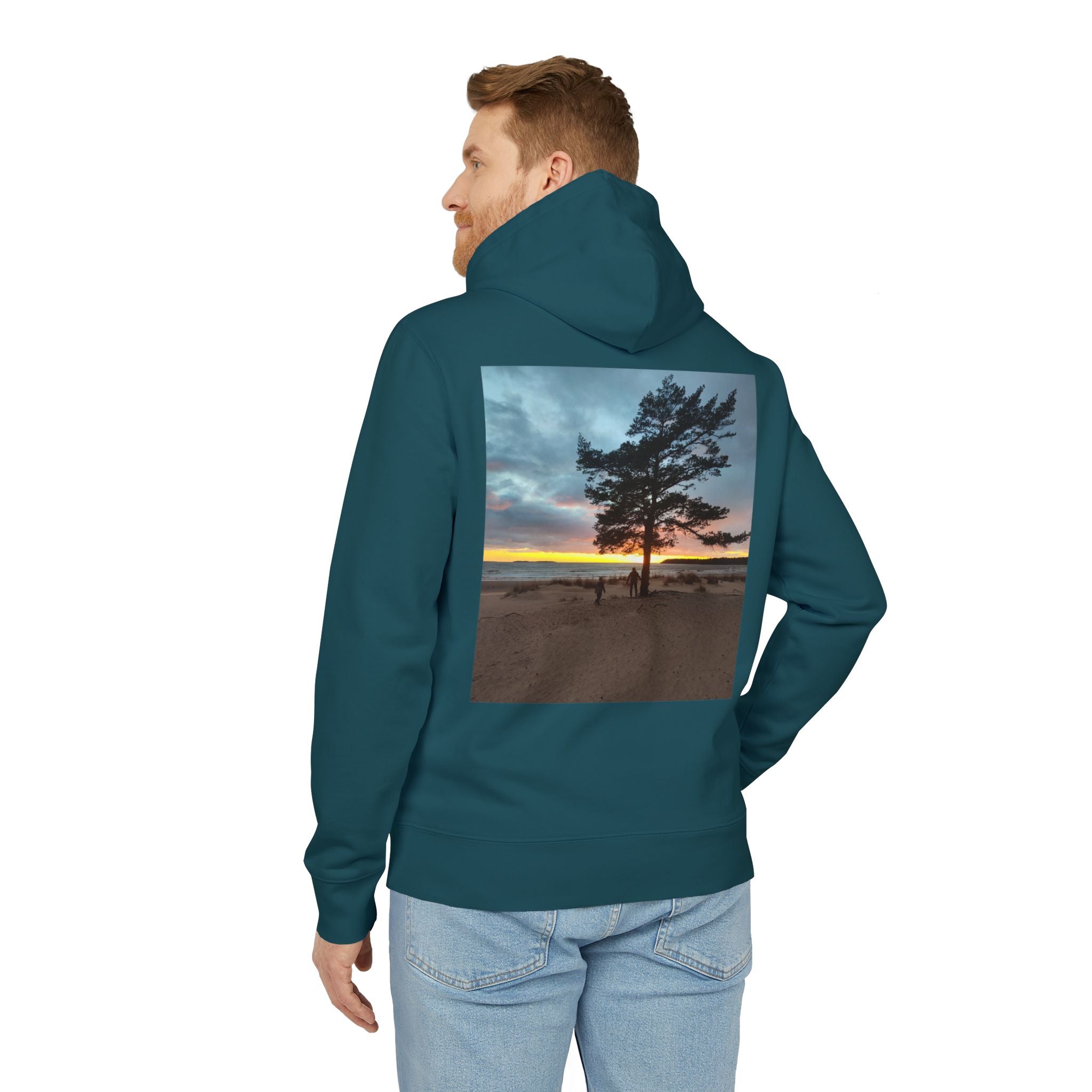 Sunset Beach Tree Hoodie — Scenic Back-Print Pullover