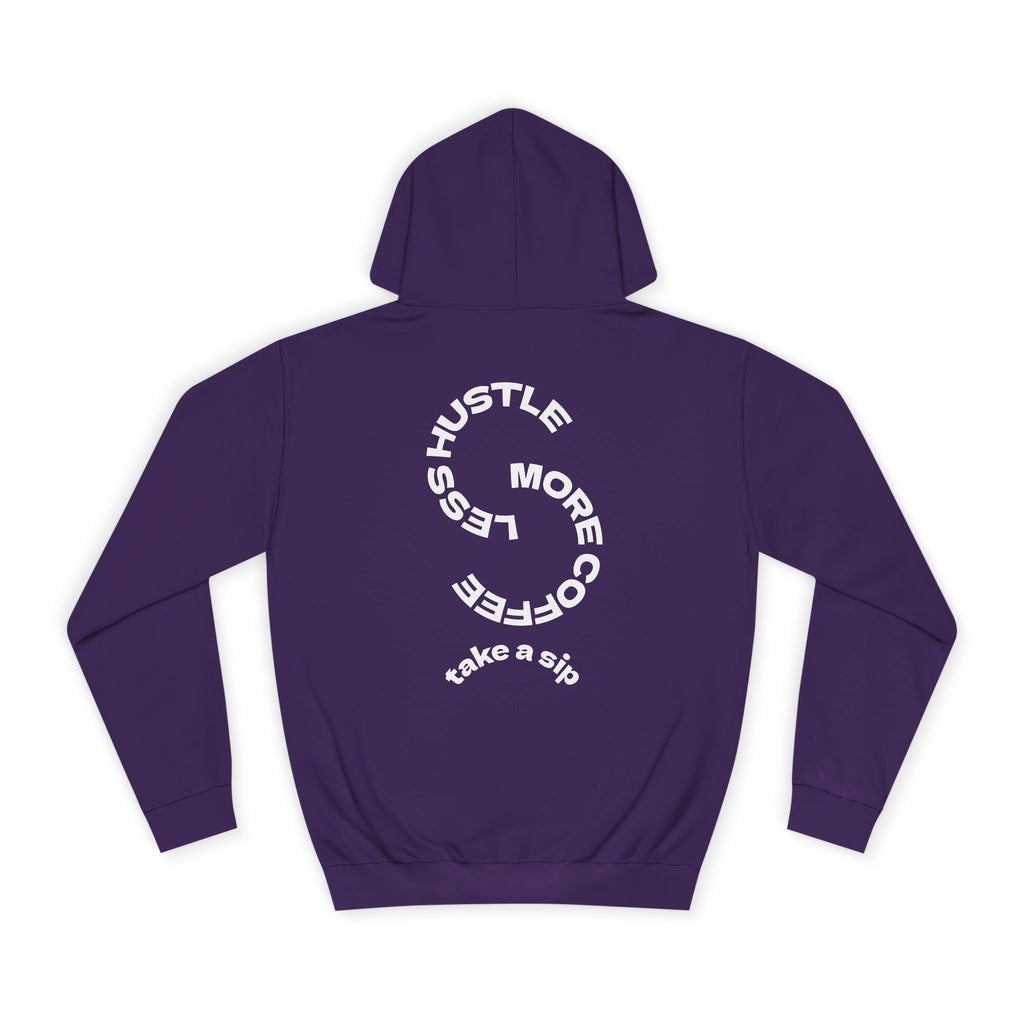 College Hoodie — WRTX Logo Front & “Hustle More, Coffee Less” Circle Back Design